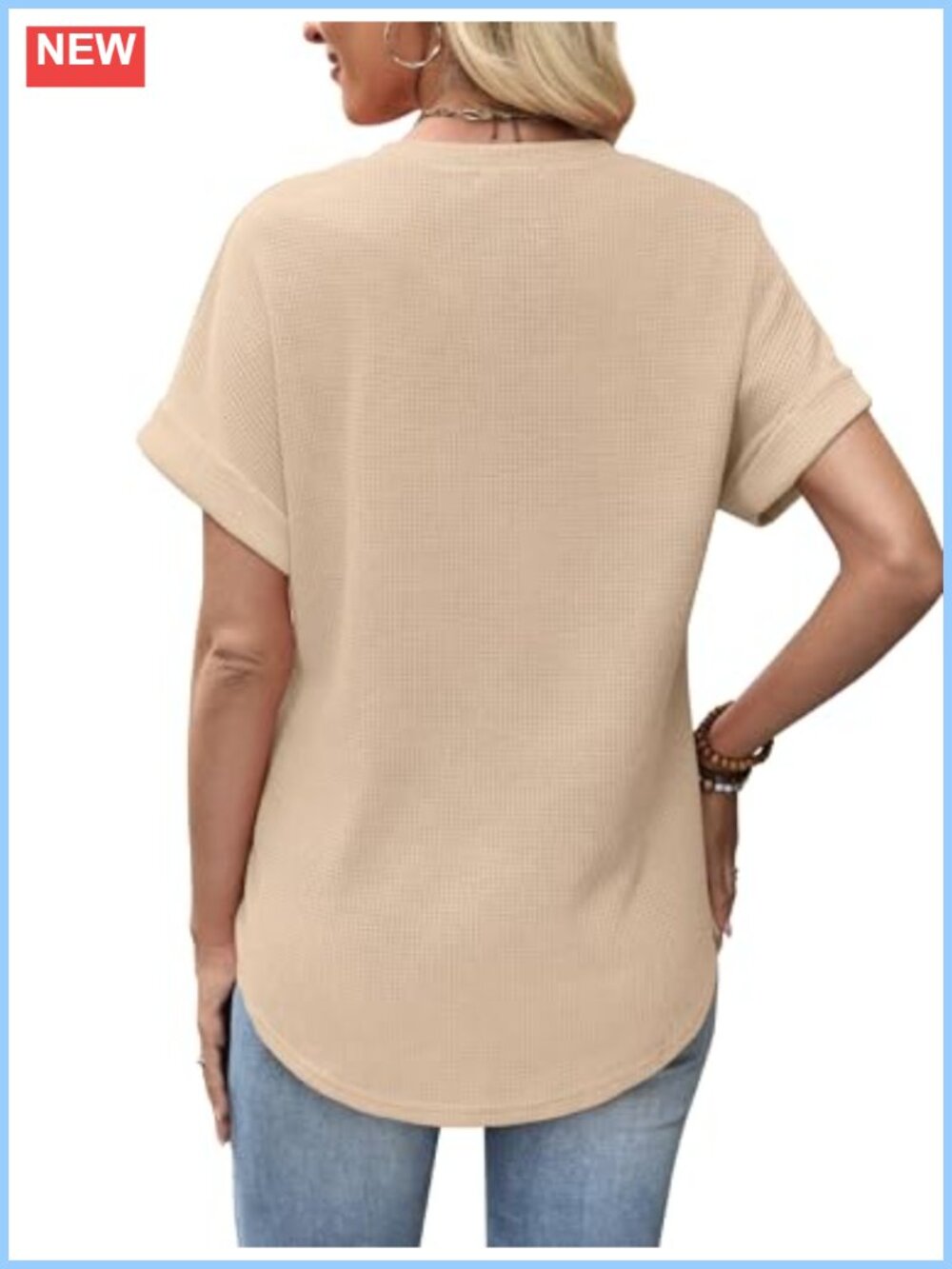 Waffle Knit Short Sleeve Crew Neck Top Women Loose Fit Summer Tee Tunic Curved - Picture 4 of 4